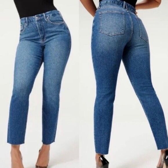 Good American Good Classic Raw Hem High Rise Jeans Blue940 Size 4 / 27 NWOT - Picture 1 of 11
